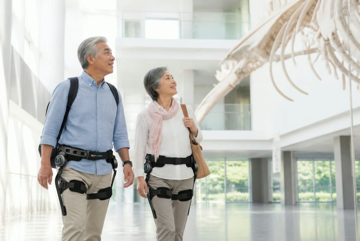 Couple exploring a museum together while wearing BotLegs wearable mobility assistance